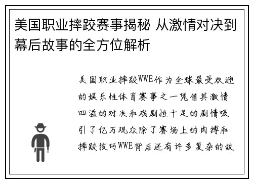 美国职业摔跤赛事揭秘 从激情对决到幕后故事的全方位解析